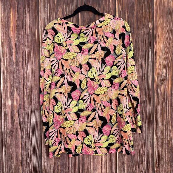 Chico’s Size 1 Colorful 100% Linen Tropical Leaf Print Pullover Knit Top Medium - Picture 7 of 7
